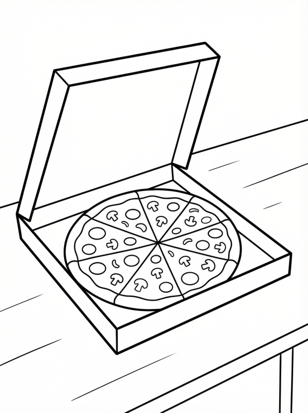 Free printable coloring page showing a whole pizza pie in an open box, perfect for kids to practice coloring shapes and patterns