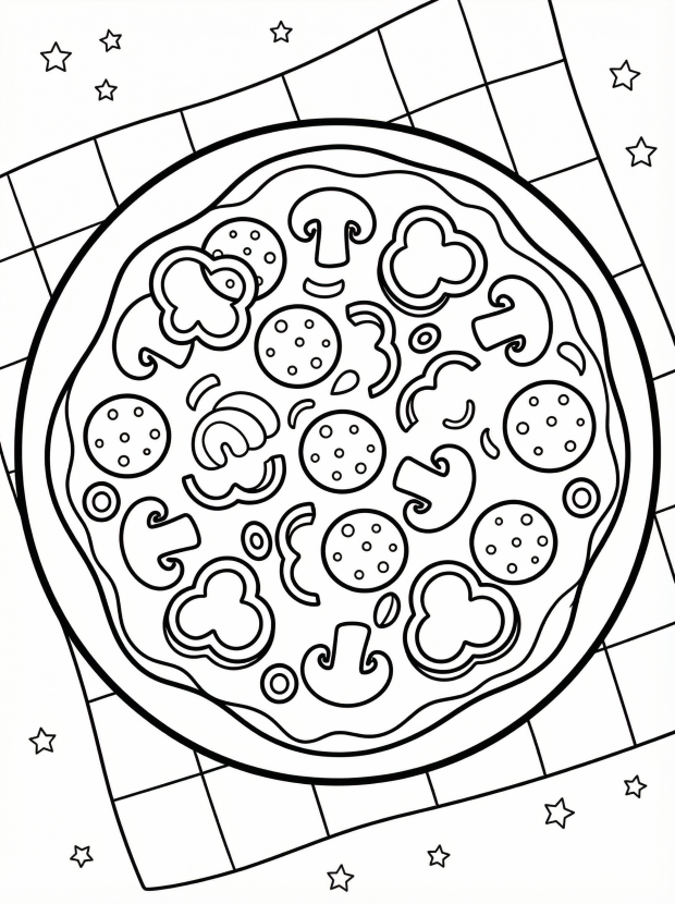 Free printable coloring page showing a pizza with toppings like pepperoni mushrooms and peppers, perfect for kids to practice color recognition