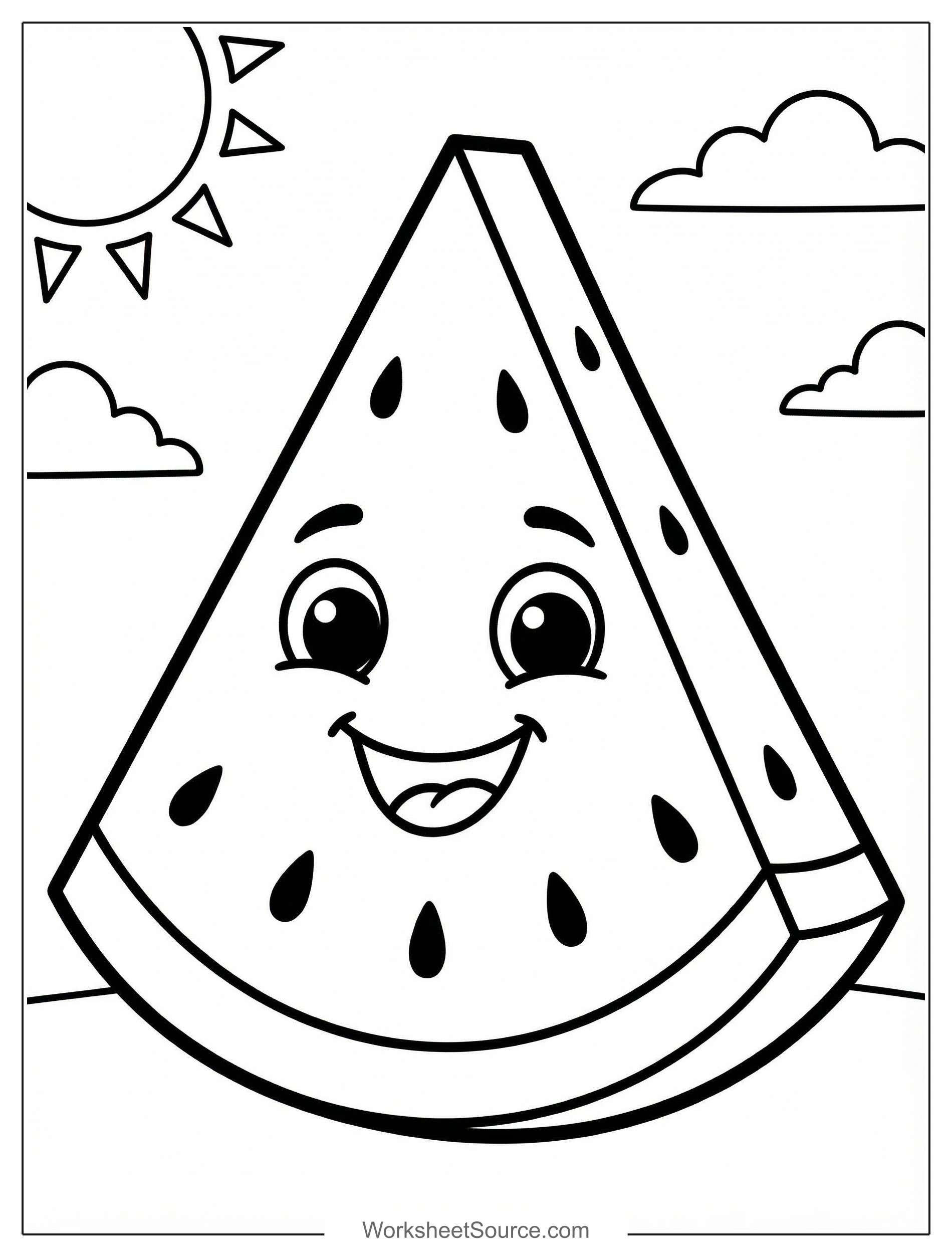 Free printable coloring page showing a smiling watermelon slice with seeds, perfect for kids to practice coloring and creativity