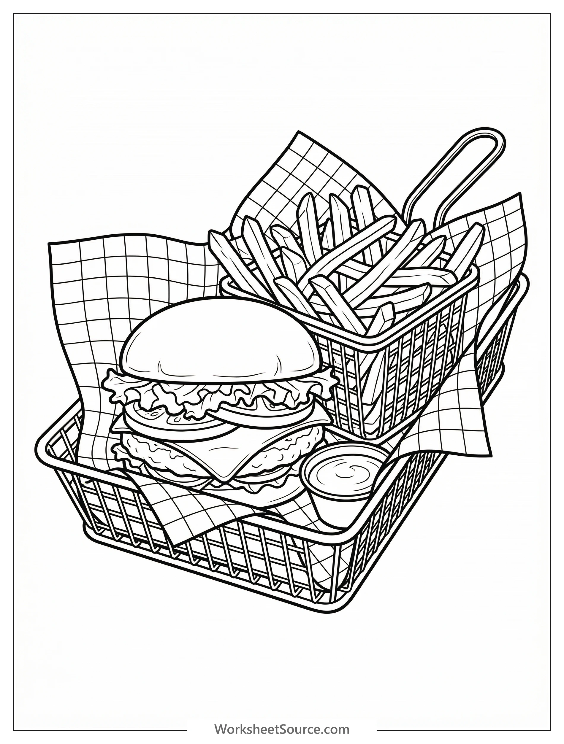 Detailed coloring page featuring a classic burger and a side of french fries served in a restaurant basket lined with checkered paper, ready for coloring.