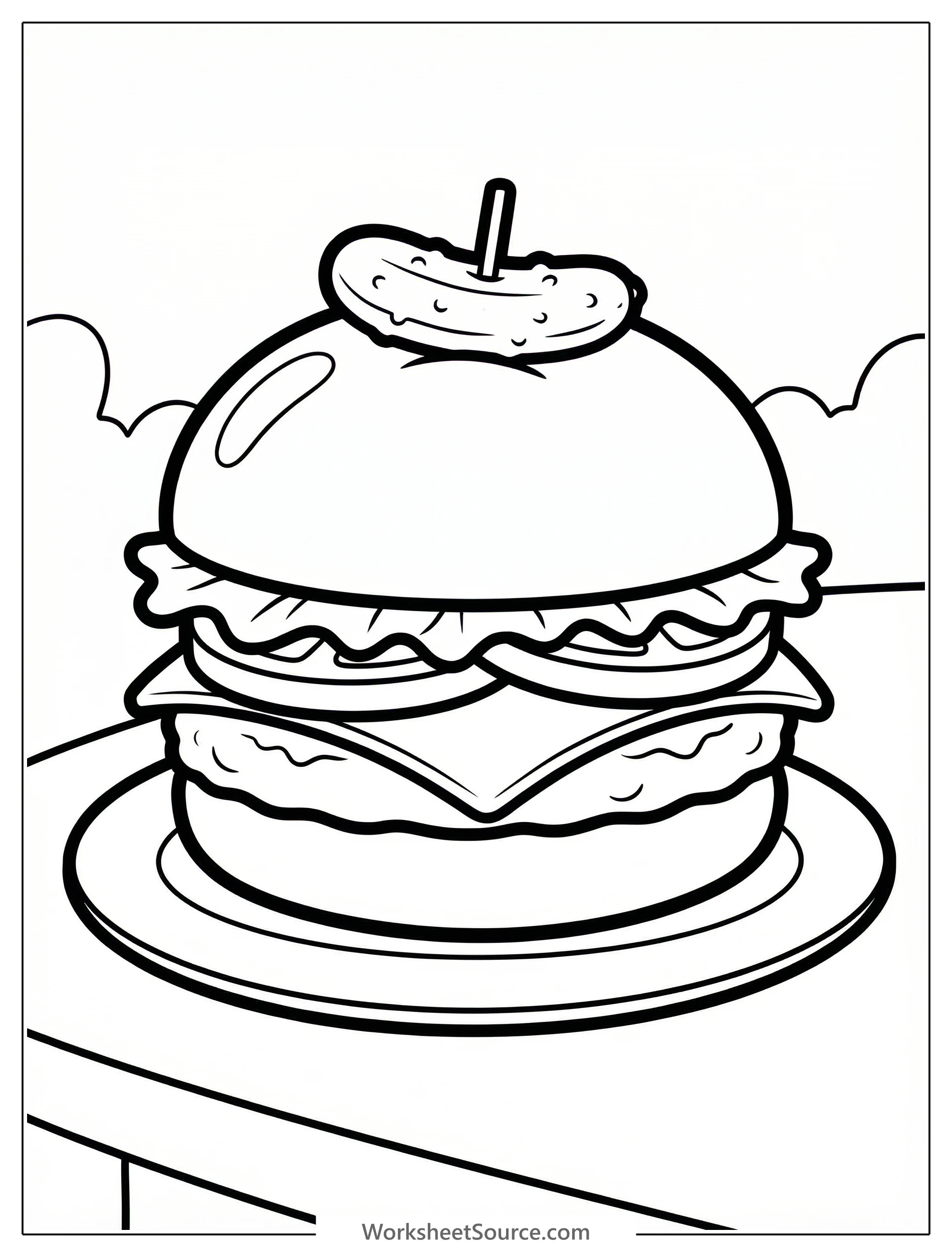 A black and white line art illustration of a classic hamburger with a sesame seed bun, a juicy patty, lettuce, tomato, cheese, and a prominent round pickle slice on top, ready for coloring.