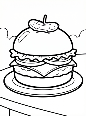 A black and white line art illustration of a classic hamburger with a sesame seed bun, a juicy patty, lettuce, tomato, cheese, and a prominent round pickle slice on top, ready for coloring.