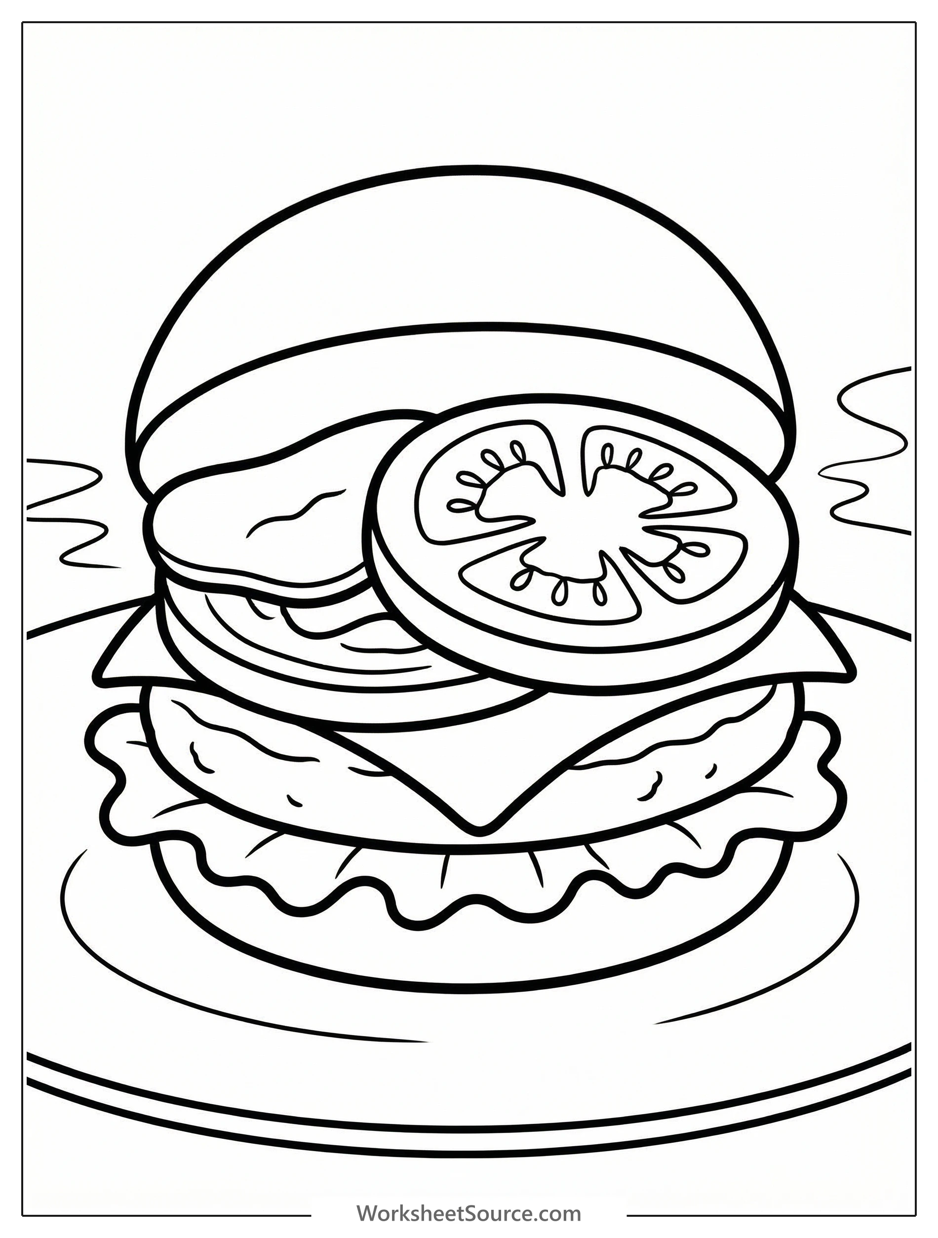 Black and white outline drawing of a cartoon burger with a fluffy bun, a thick patty, and a prominent, round tomato slice ready for coloring.