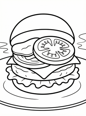 Black and white outline drawing of a cartoon burger with a fluffy bun, a thick patty, and a prominent, round tomato slice ready for coloring.