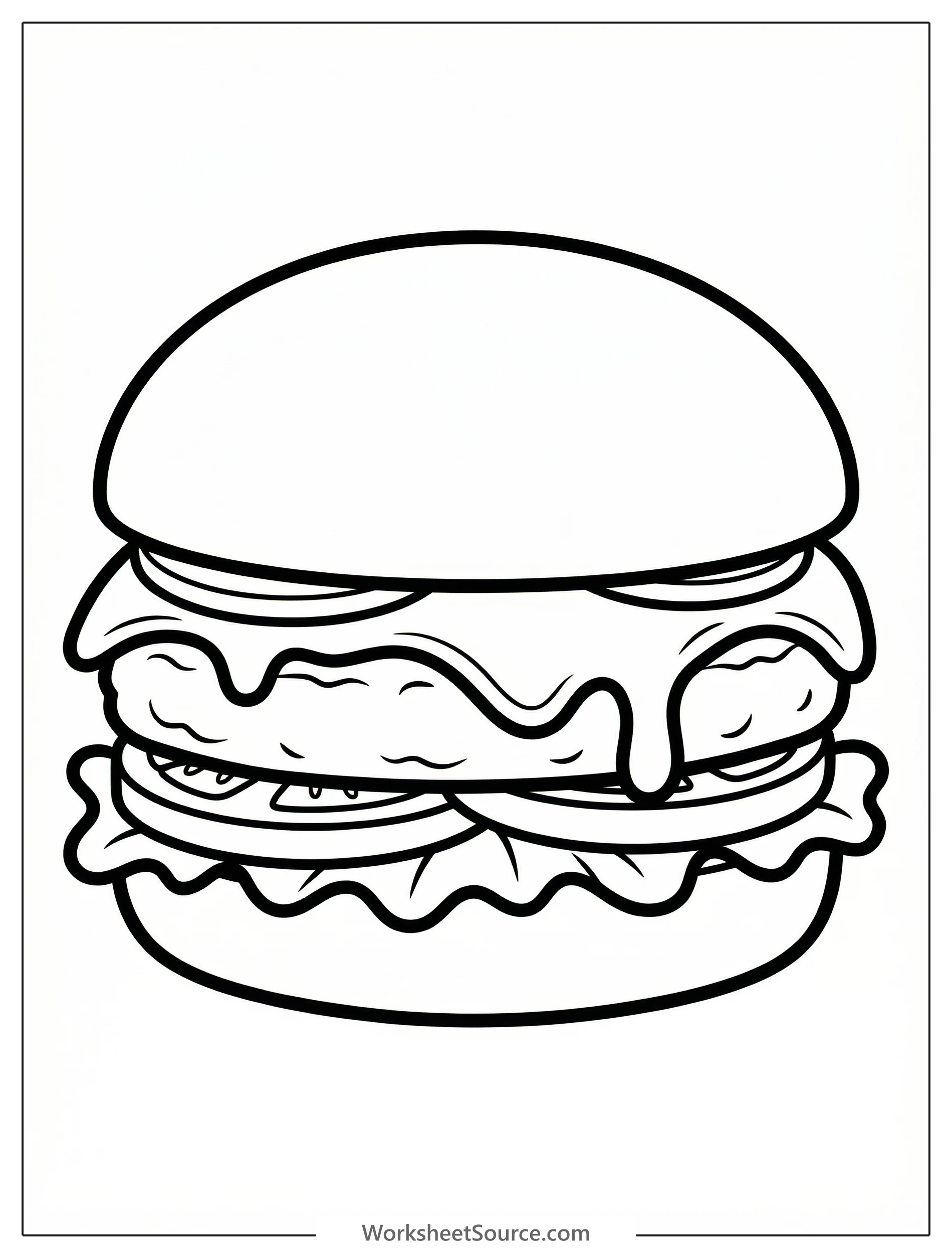 Outline illustration of a delicious cheeseburger with a thick patty, melted cheese, and a bun, ready for coloring.