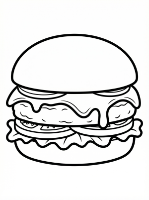 Outline illustration of a delicious cheeseburger with a thick patty, melted cheese, and a bun, ready for coloring.