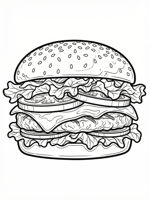 Classic cheeseburger with lettuce tomato and onion coloring page - black and white line art ready to print and color
