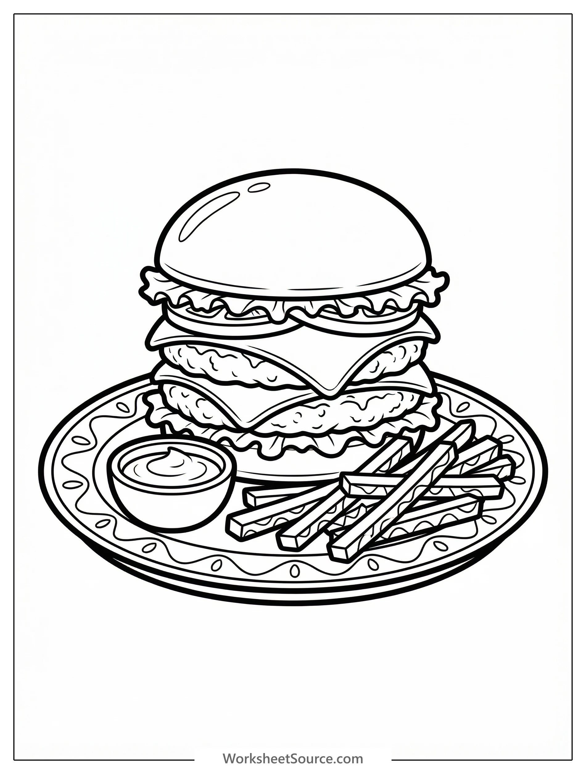 An intricate coloring page illustration of a delicious double patty beef burger with two cheese slices, crisp lettuce, a ripe tomato, and a toasted bun.
