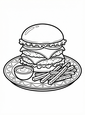 An intricate coloring page illustration of a delicious double patty beef burger with two cheese slices, crisp lettuce, a ripe tomato, and a toasted bun.