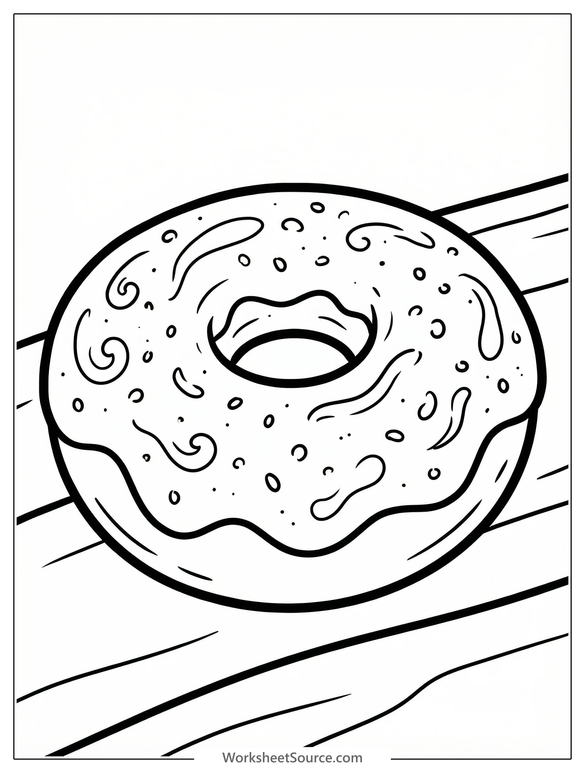Simple outline drawing of a delicious round cinnamon sugar donut with a hole in the center, ready to be colored. Shows textured sugar sprinkles.