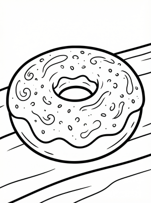 Simple outline drawing of a delicious round cinnamon sugar donut with a hole in the center, ready to be colored. Shows textured sugar sprinkles.