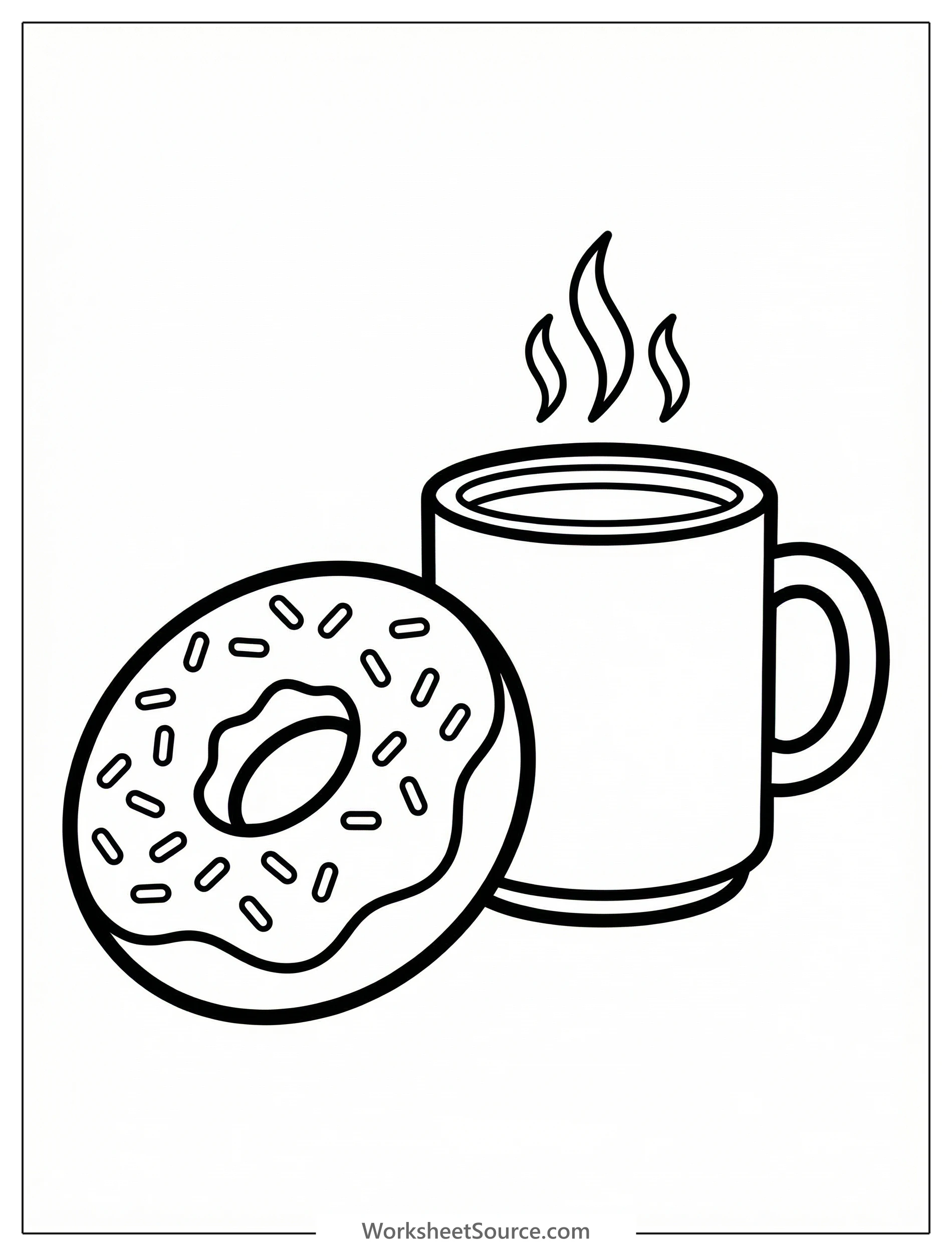 Black and white outline drawing of a classic ring donut with sprinkles next to a steaming coffee cup, ready for coloring.