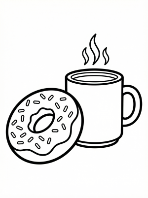 Black and white outline drawing of a classic ring donut with sprinkles next to a steaming coffee cup, ready for coloring.