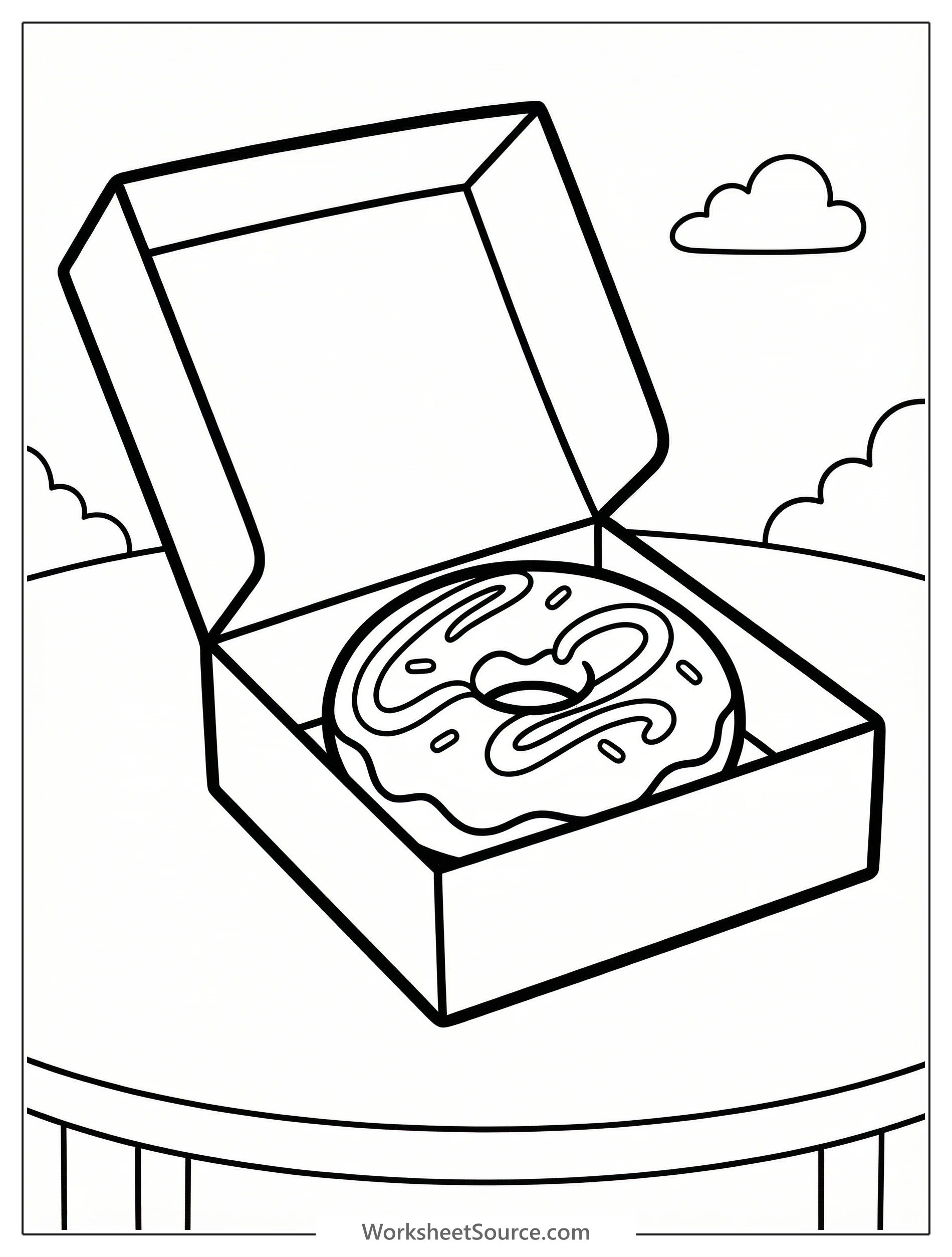 A single donut with sprinkles resting inside an open rectangular box, rendered in black outline on a white background, perfect for coloring.