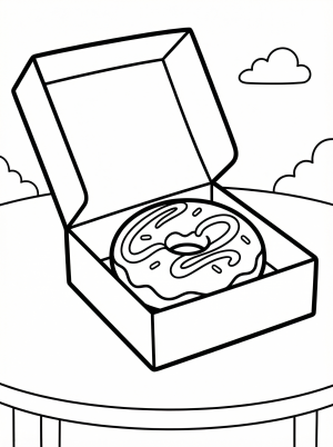 A single donut with sprinkles resting inside an open rectangular box, rendered in black outline on a white background, perfect for coloring.