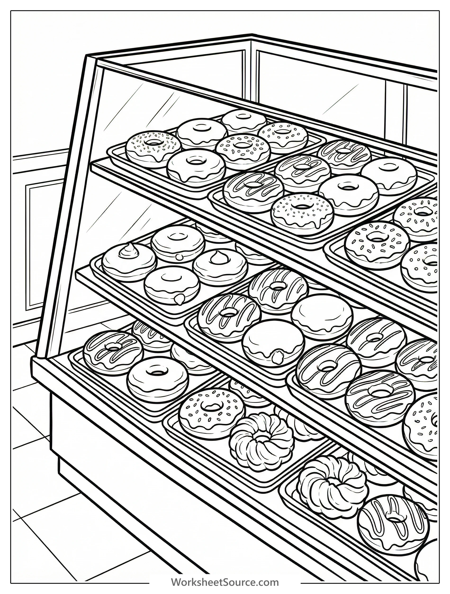 A detailed illustration of a cozy bakery display case filled with an assortment of gourmet donuts, pastries, and sweet treats on multiple shelves, ready for coloring.