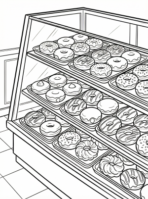 A detailed illustration of a cozy bakery display case filled with an assortment of gourmet donuts, pastries, and sweet treats on multiple shelves, ready for coloring.