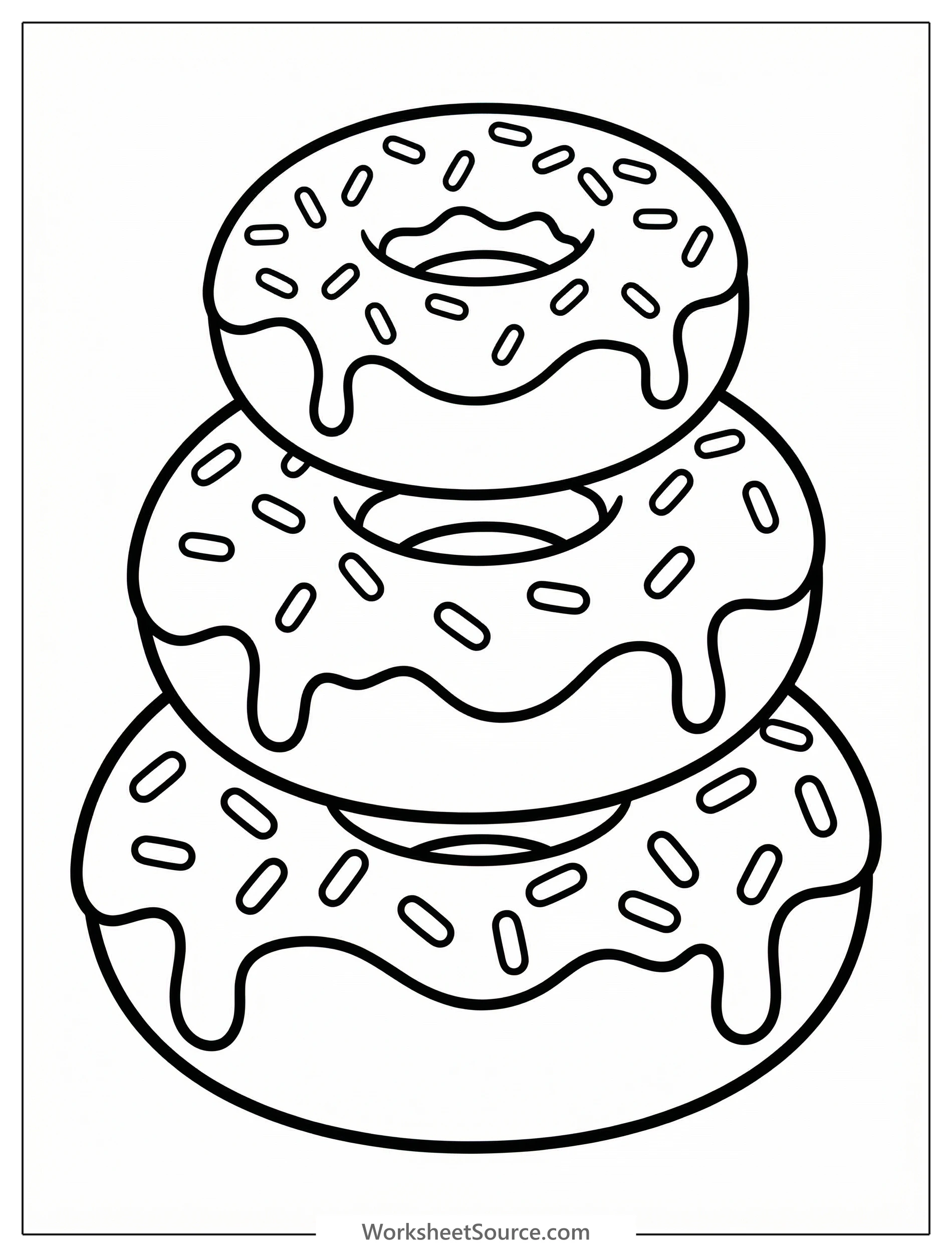 An inviting illustration of three deliciously round donuts stacked neatly on top of each other, waiting to be colored with vibrant hues.