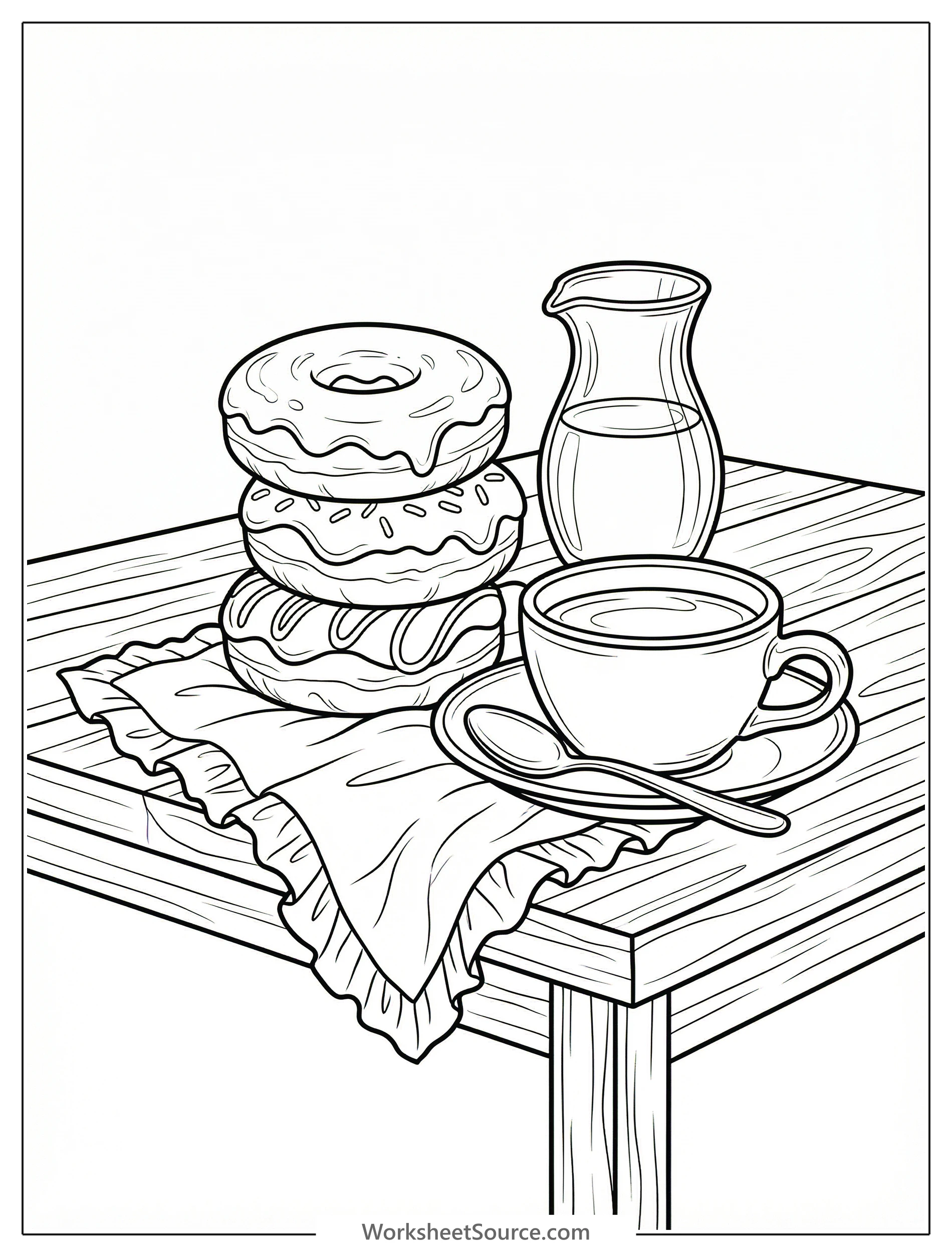 A classical still life coloring page featuring three detailed donuts on a plate, a steaming cup of coffee, and a rumpled napkin.