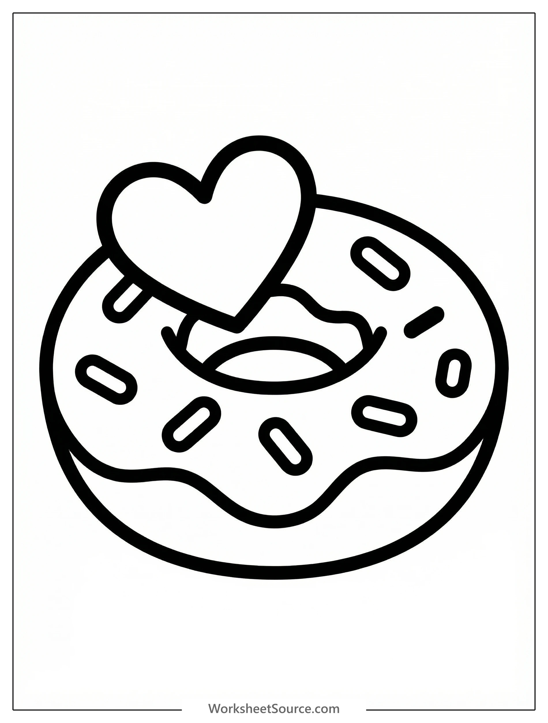 Outline illustration of a delicious donut with a decorative heart shape on top, ready for coloring. It features smooth lines and a simple design.