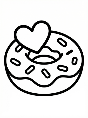 Outline illustration of a delicious donut with a decorative heart shape on top, ready for coloring. It features smooth lines and a simple design.
