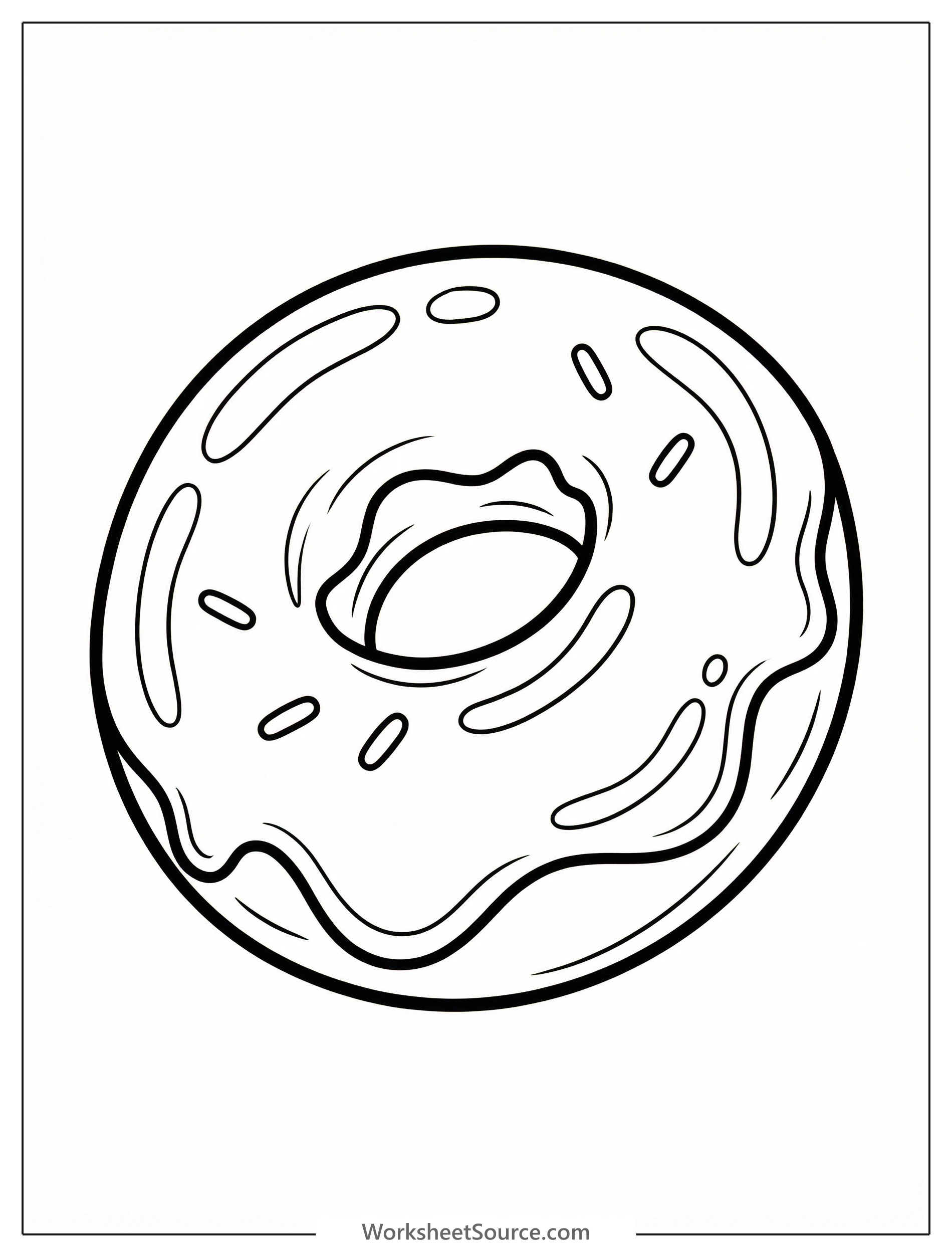An outline drawing of a classic round glazed donut with a hole in the center, featuring smooth, shiny frosting dripping down the sides.