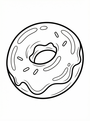 An outline drawing of a classic round glazed donut with a hole in the center, featuring smooth, shiny frosting dripping down the sides.