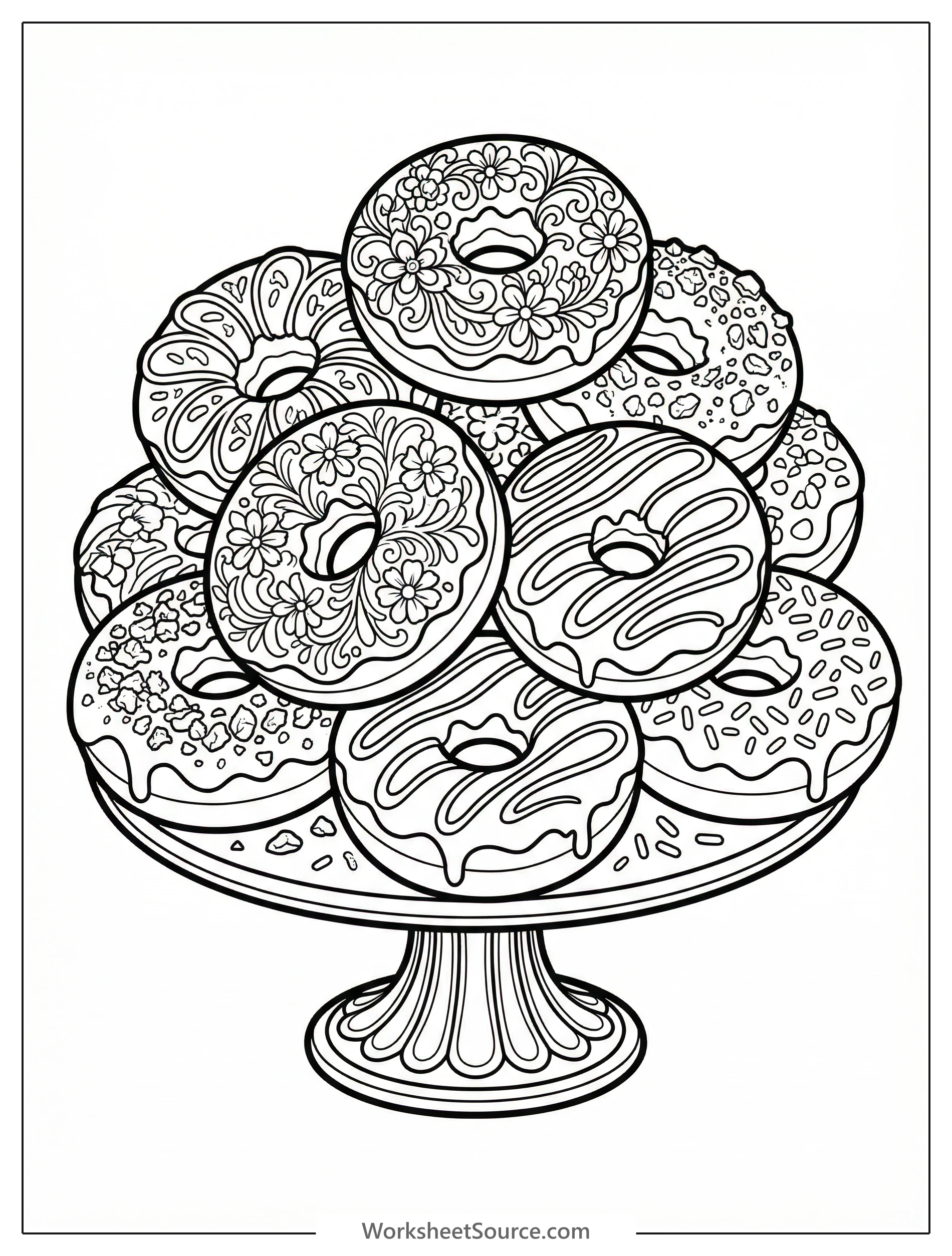 An overhead view of a vibrant collection of gourmet donuts, each featuring unique intricate frosting designs, sprinkles, glazes, and delightful toppings.