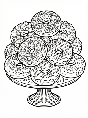 An overhead view of a vibrant collection of gourmet donuts, each featuring unique intricate frosting designs, sprinkles, glazes, and delightful toppings.