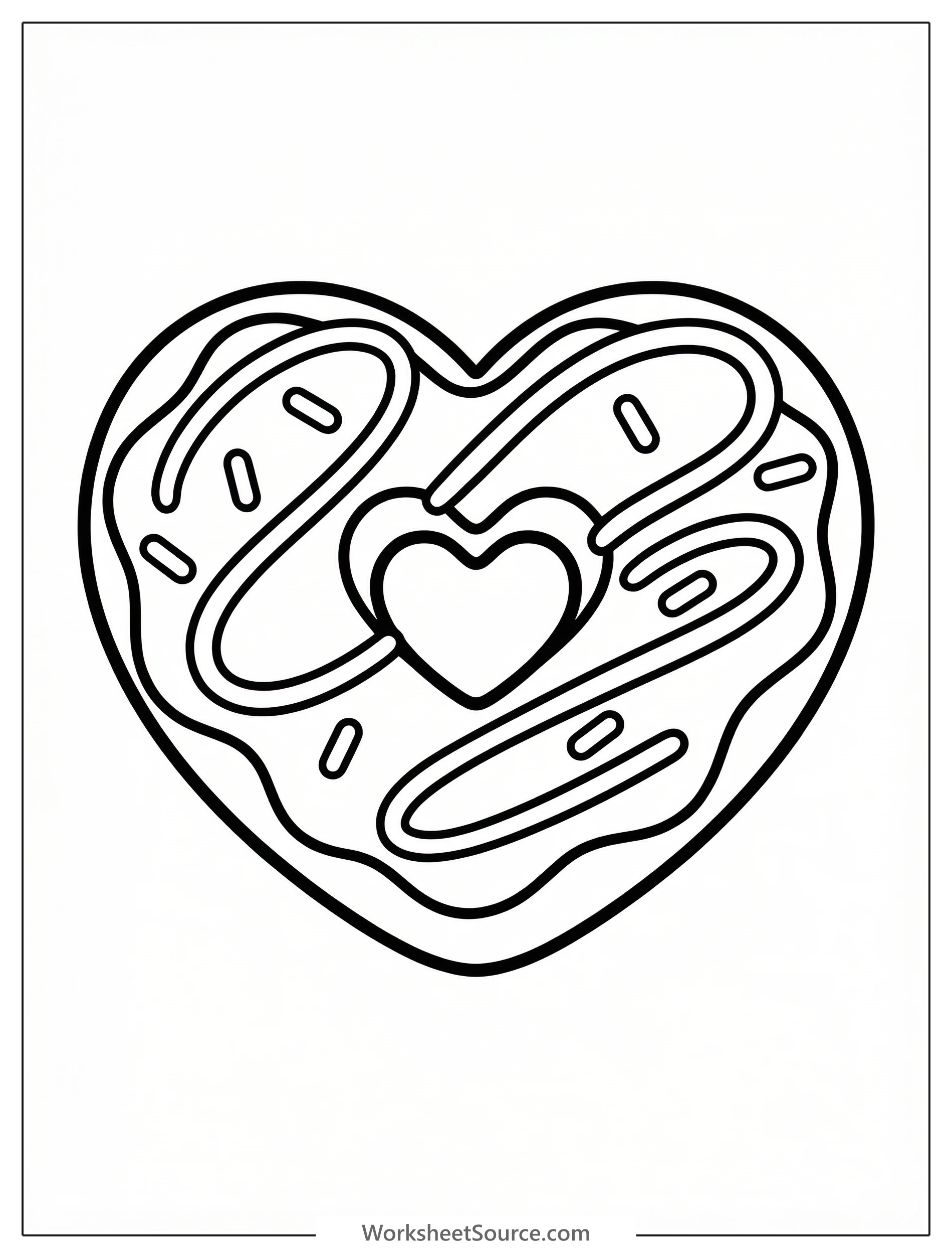 A black and white line art illustration of a heart shaped donut with a hole in the center, ready for coloring. It features clear outlines for pink icing and sprinkles.