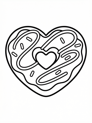 A black and white line art illustration of a heart shaped donut with a hole in the center, ready for coloring. It features clear outlines for pink icing and sprinkles.