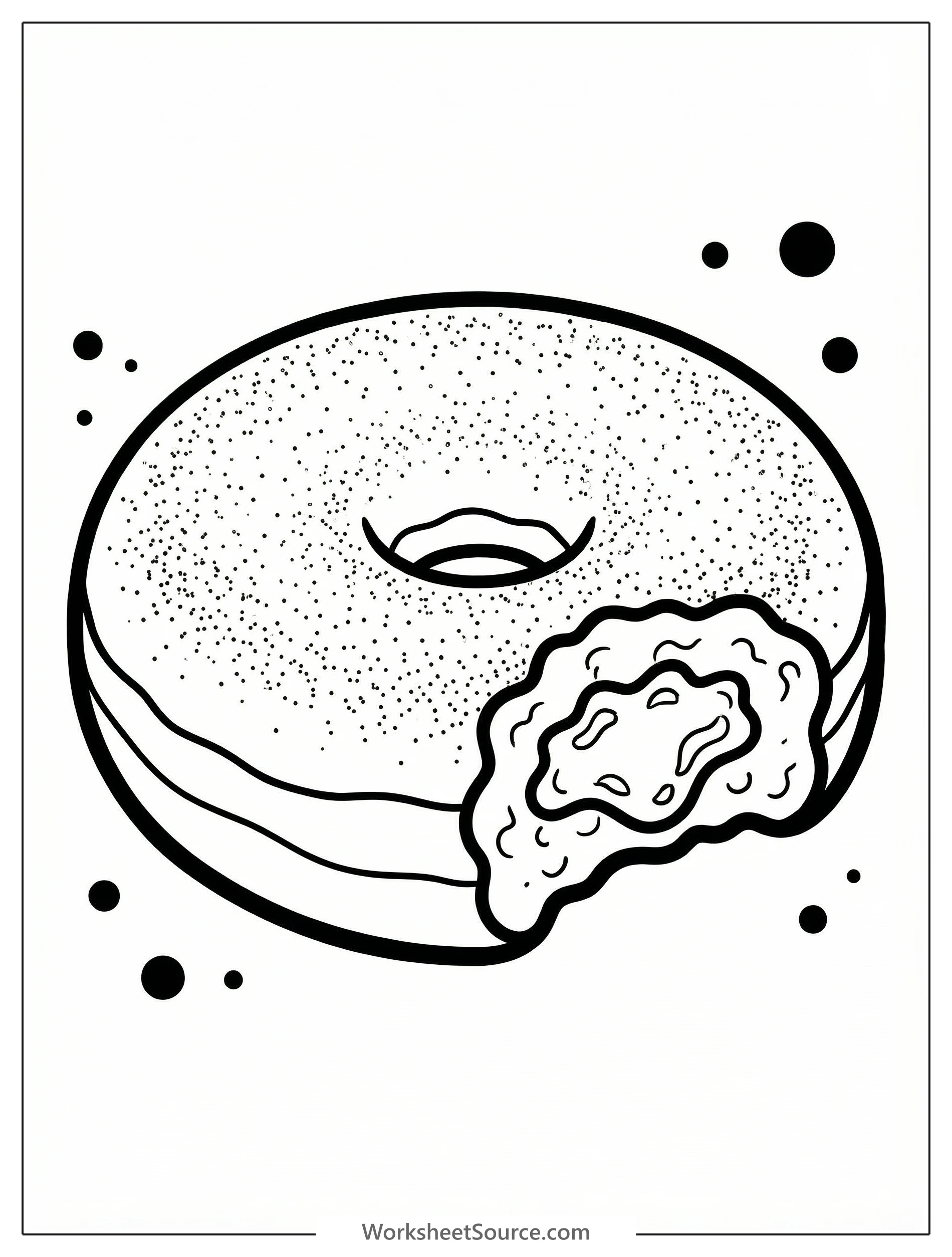 A hand drawn, line art illustration of a round jelly filled donut covered in powdered sugar, ready for coloring.