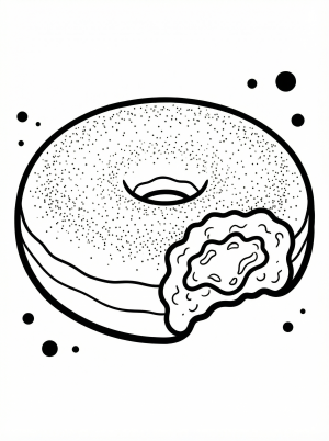 A hand drawn, line art illustration of a round jelly filled donut covered in powdered sugar, ready for coloring.