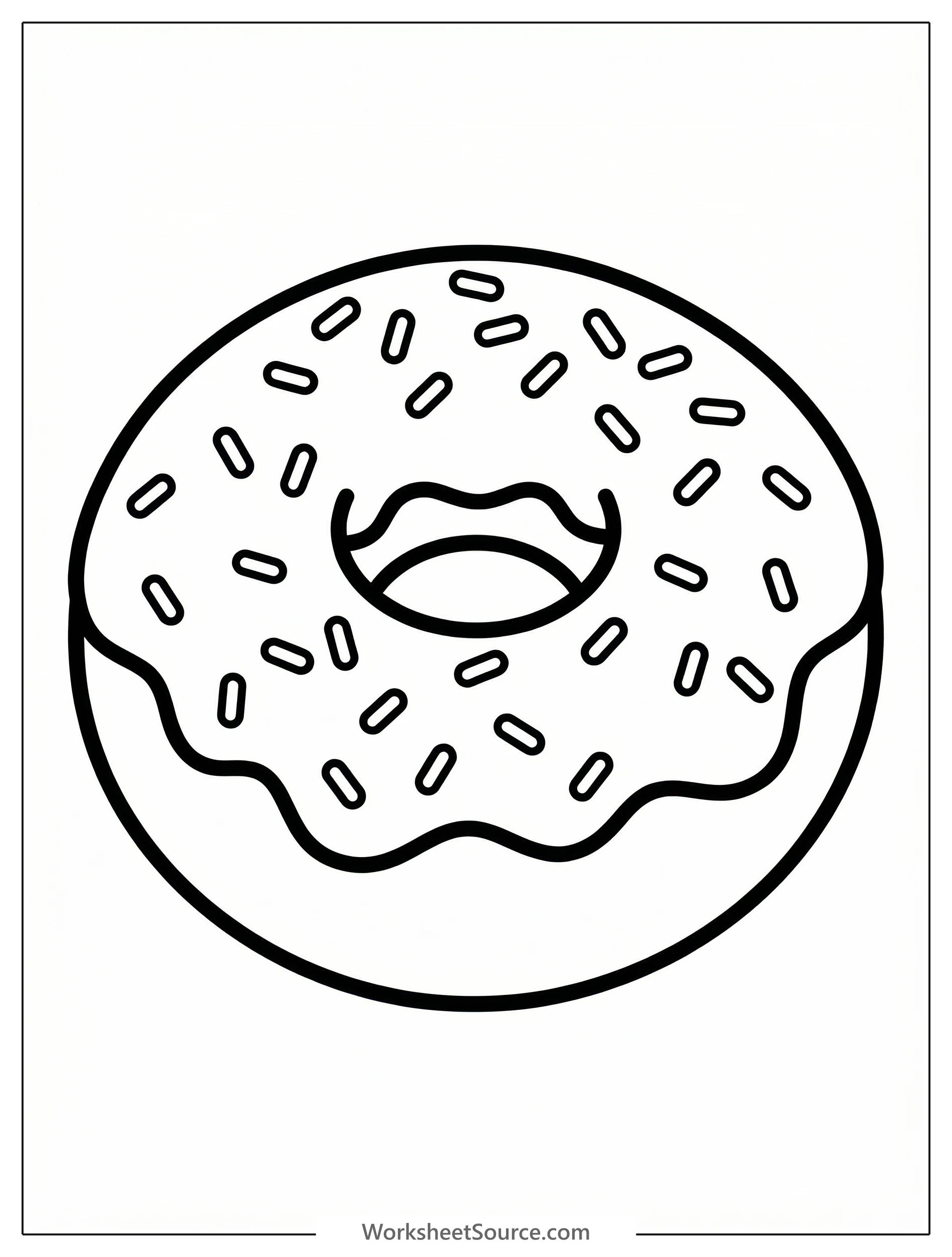 An outline drawing of a delicious ring donut with a thick layer of pink frosting and colorful sprinkles on top, ready to be colored.