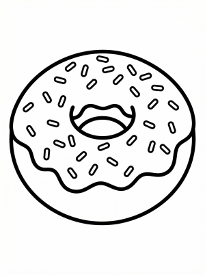 An outline drawing of a delicious ring donut with a thick layer of pink frosting and colorful sprinkles on top, ready to be colored.