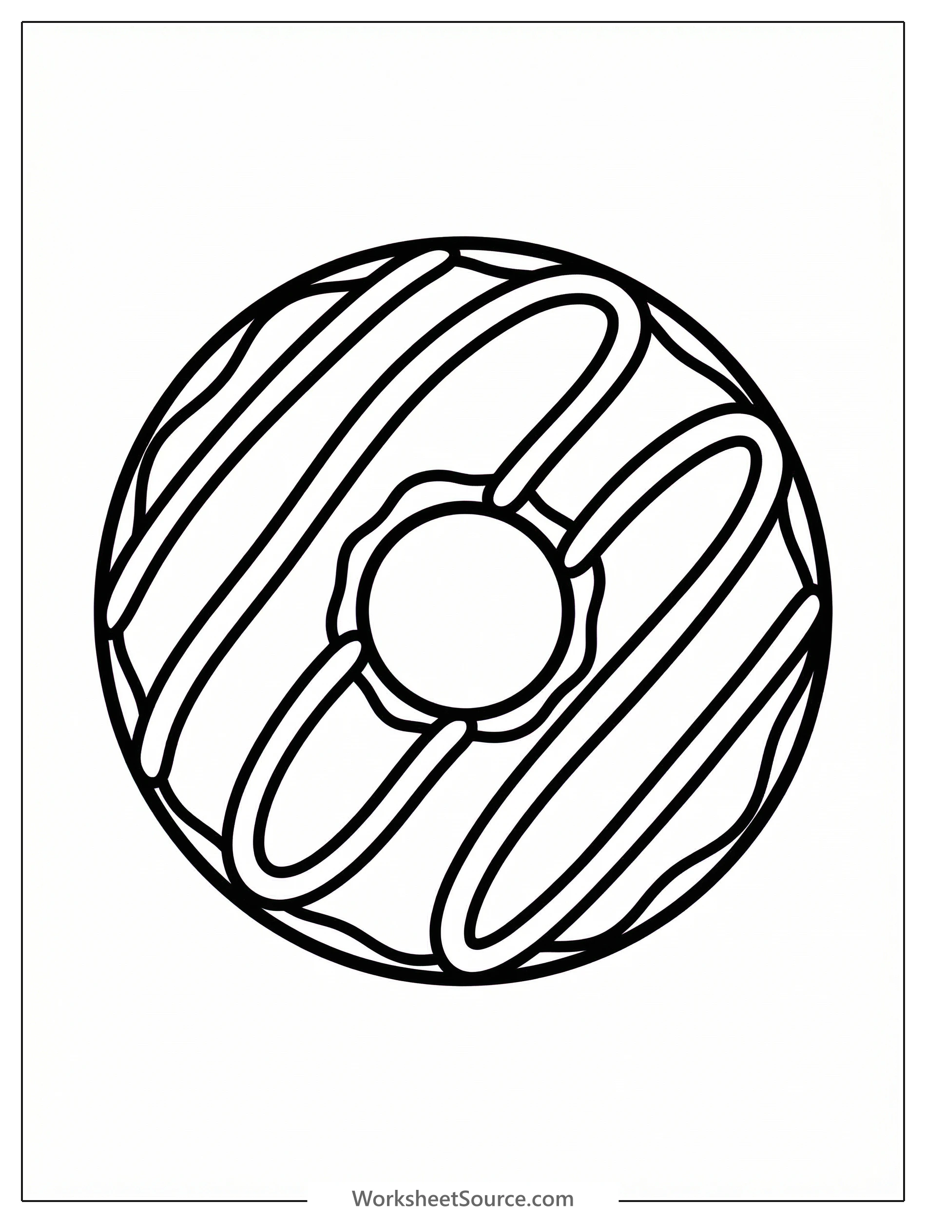 A delightful outline of a round donut, generously frosted with distinct, bold stripes, ready for vibrant coloring. Perfect for engaging young artists.