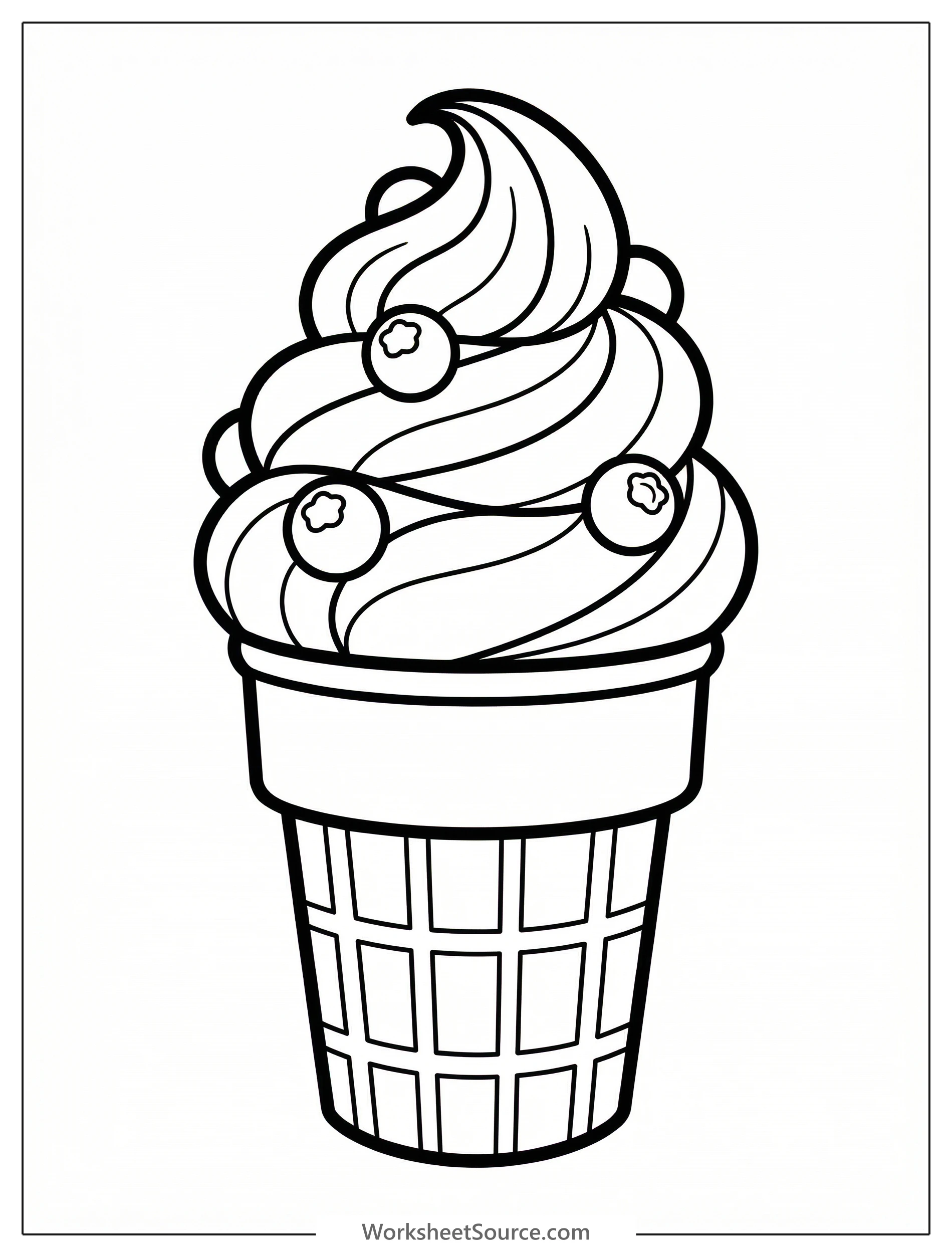 Clear black and white line art of a professionally designed blueberry swirl ice cream cone, ready for coloring. Features a scoop with distinct swirl patterns.