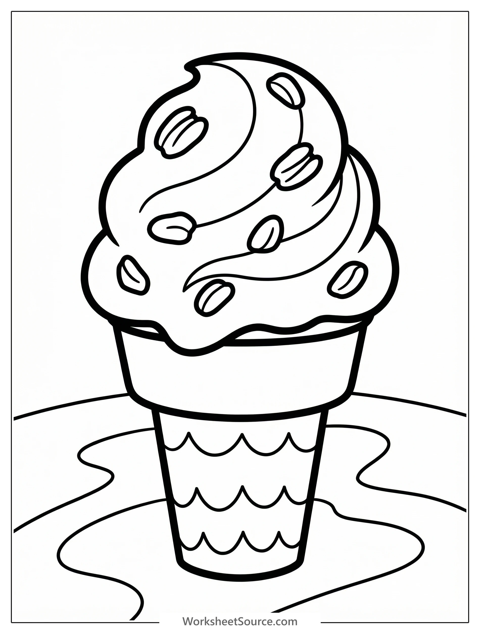Detailed black and white line art coloring page featuring a generous scoop of butter pecan ice cream in a bowl, ready for creative coloring fun.