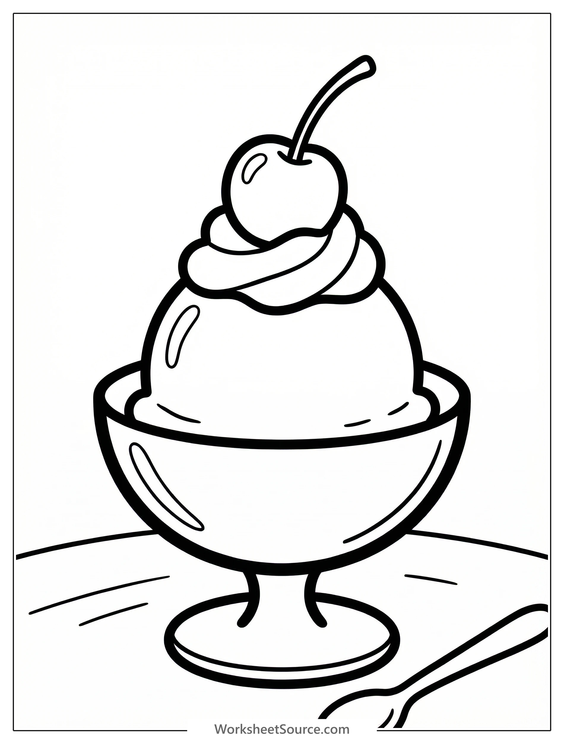 Professional black and white line art coloring page depicting a delicious sundae topped with a vibrant cherry, ready for creative coloring.