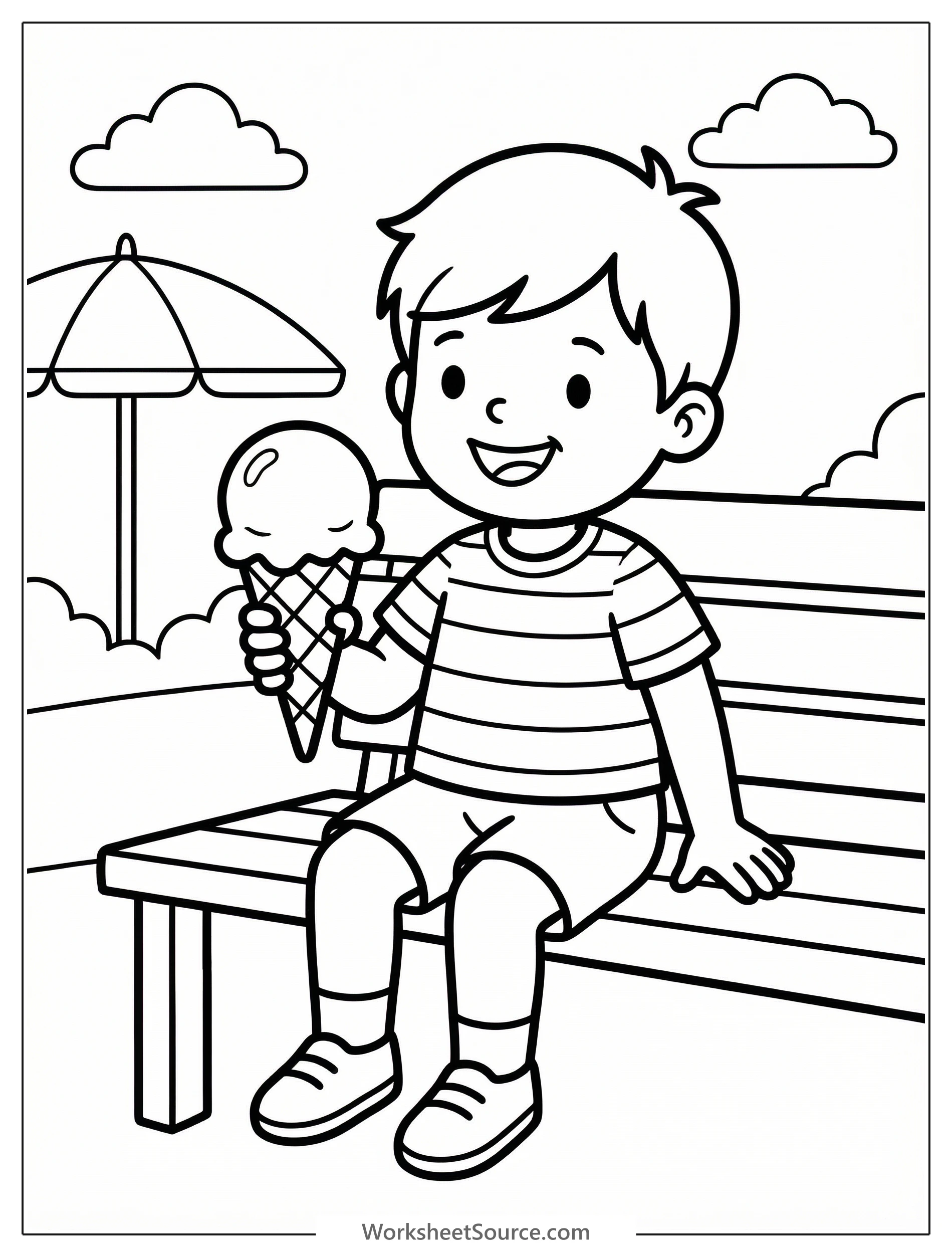 Clear black and white line art of a happy child enjoying a large scoop of ice cream in a cone, designed as a printable coloring page.