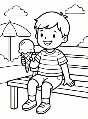 Clear black and white line art of a happy child enjoying a large scoop of ice cream in a cone, designed as a printable coloring page.