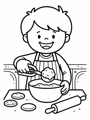 Clear black and white line art coloring page featuring a classic cookie dough scoop, designed professionally for printing and creative enjoyment.