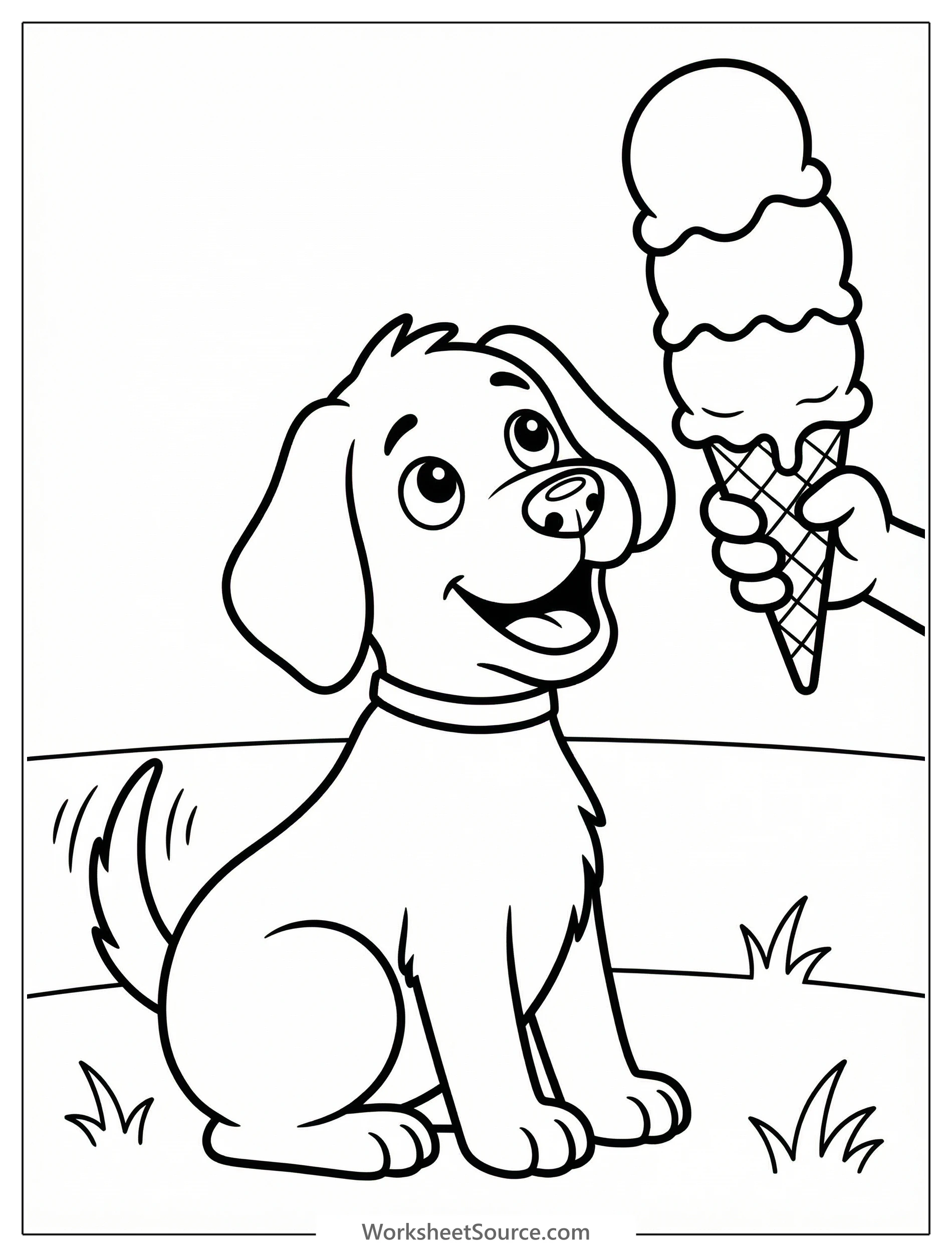 Clear black and white line art coloring page featuring a happy dog gazing eagerly at a tall, delicious-looking ice cream cone, ready for creative coloring fun.