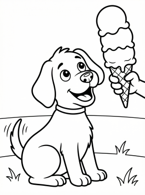Clear black and white line art coloring page featuring a happy dog gazing eagerly at a tall, delicious-looking ice cream cone, ready for creative coloring fun.