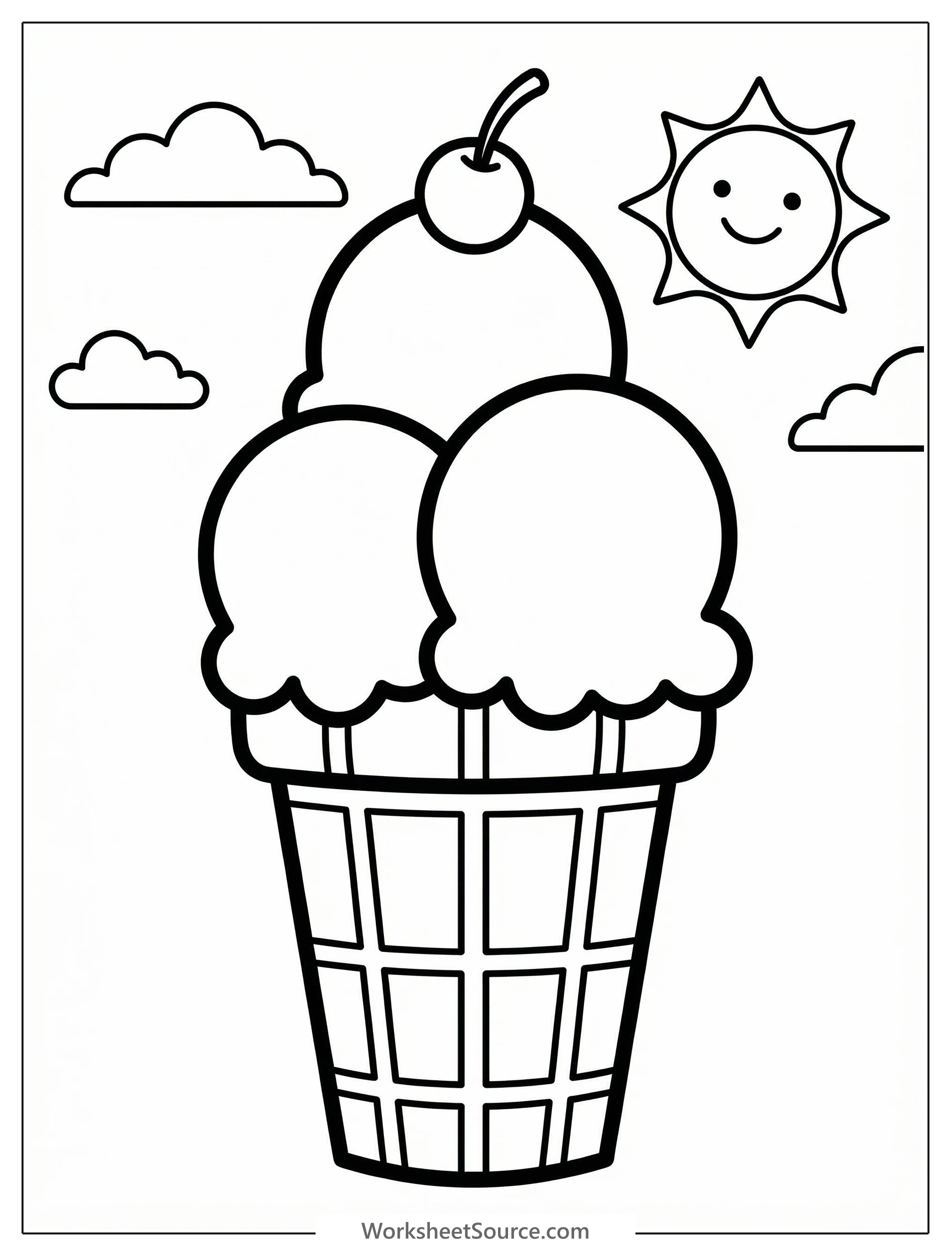 Giant ice cream cone, coloring page style, clear black and white line art, professional design coloring page for kids - black and white line art ready to print and color
