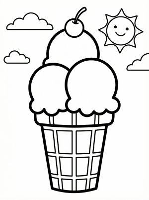 Giant ice cream cone, coloring page style, clear black and white line art, professional design coloring page for kids - black and white line art ready to print and color