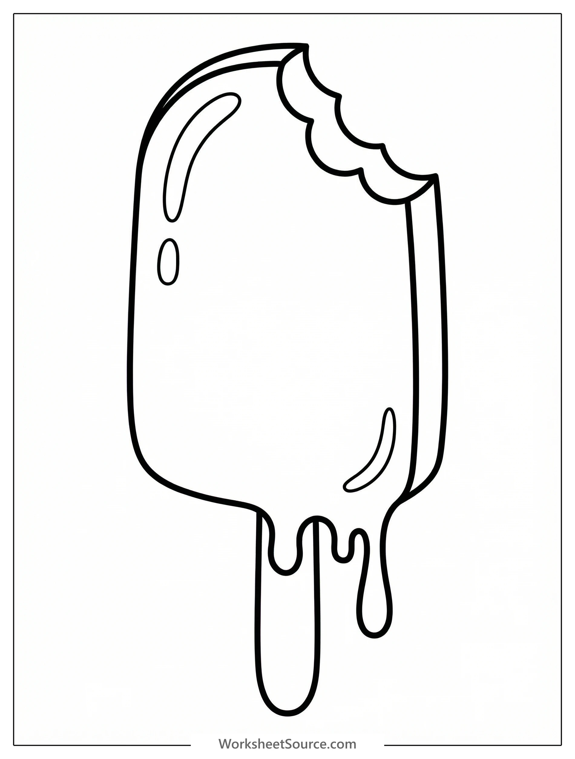 Professional black and white line art coloring page depicting a delicious ice cream bar with a bite taken out, featuring clear outlines for easy coloring.