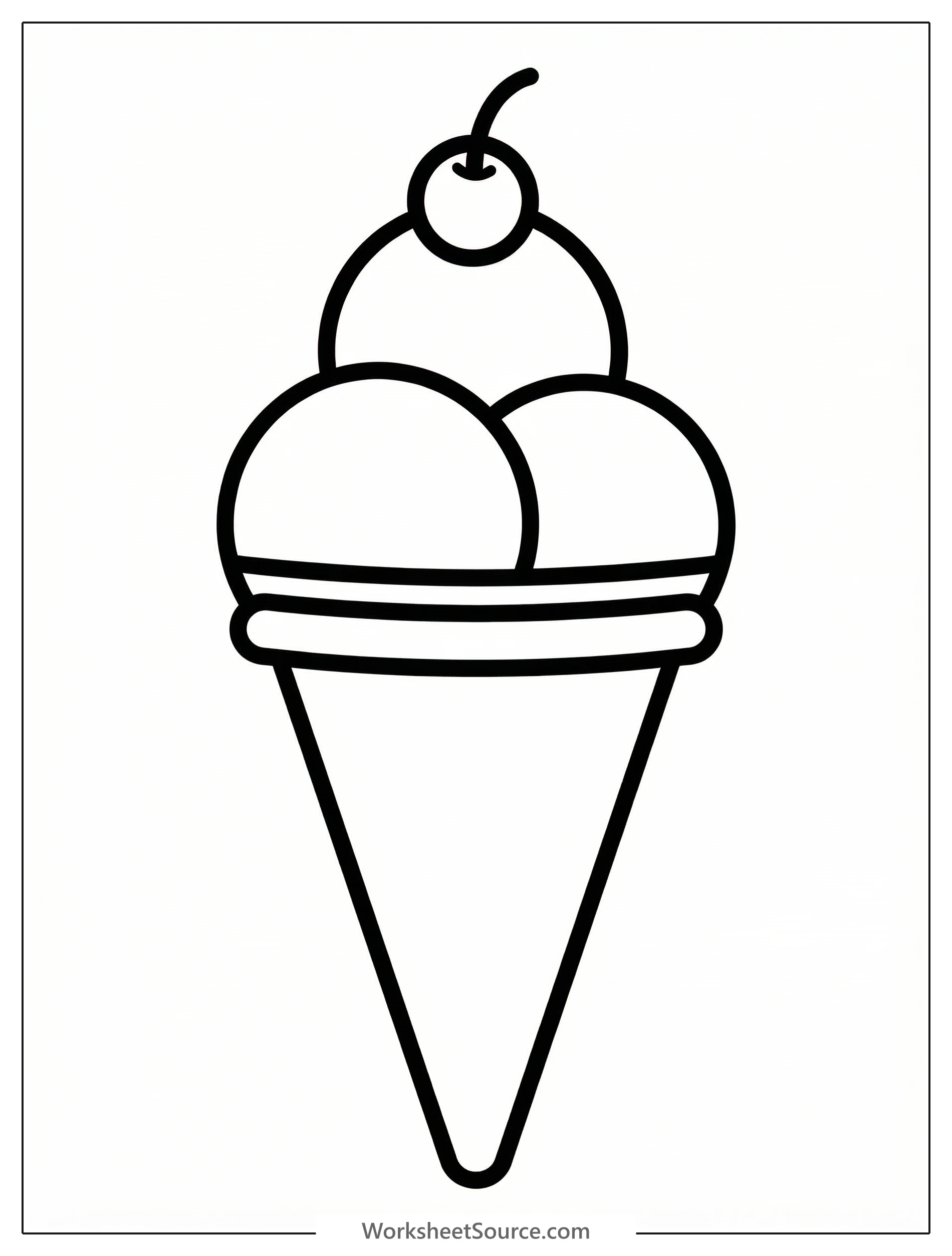 Clear black and white line art of an ice cream cone with three generous scoops, ready for coloring. Professional design for creative activities.