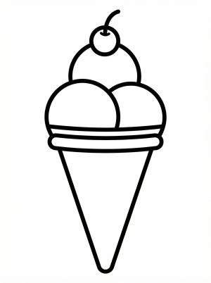 Clear black and white line art of an ice cream cone with three generous scoops, ready for coloring. Professional design for creative activities.