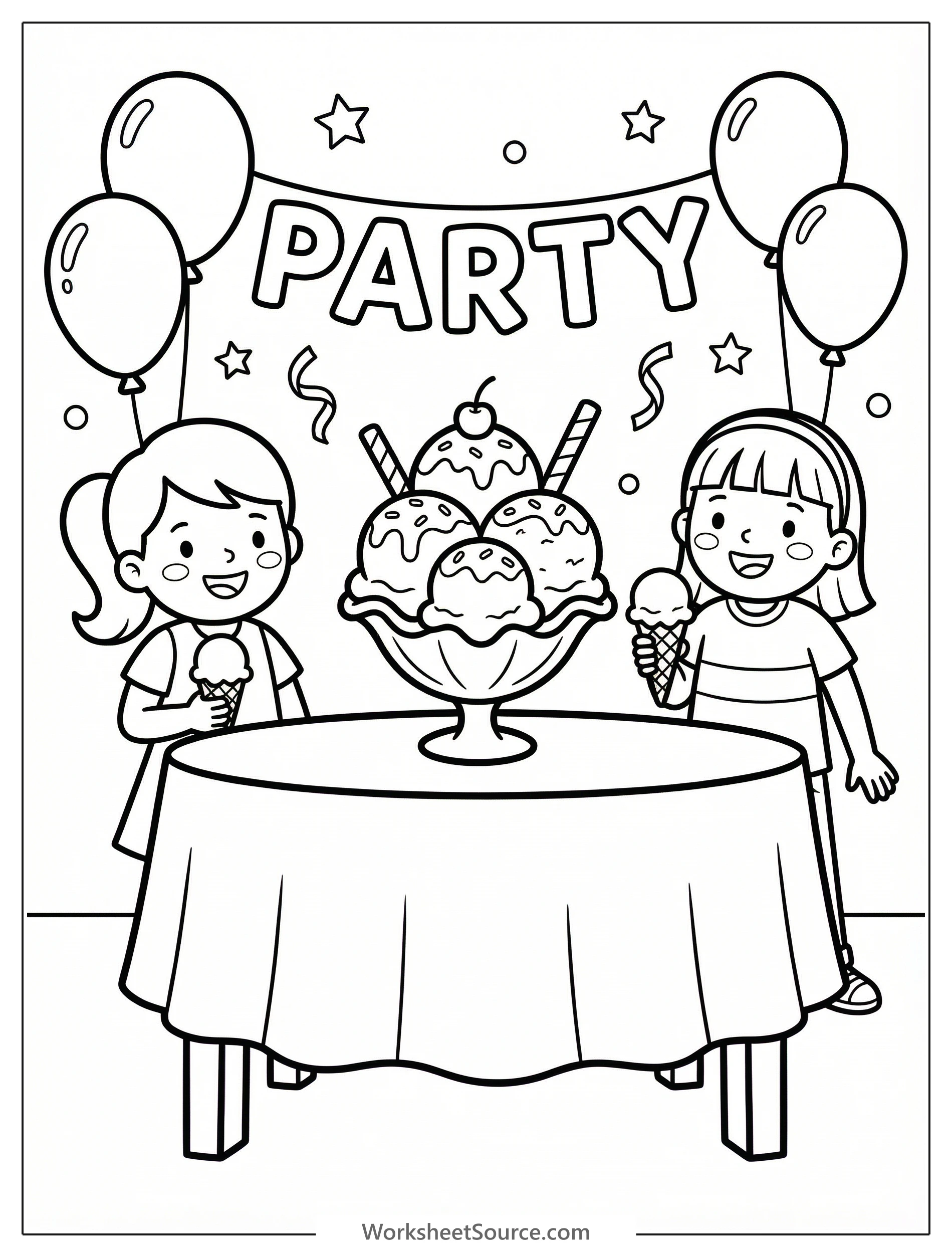 Black and white line art coloring page depicting a joyful ice cream party scene with bowls, cones, toppings, and balloons ready for vibrant colors.